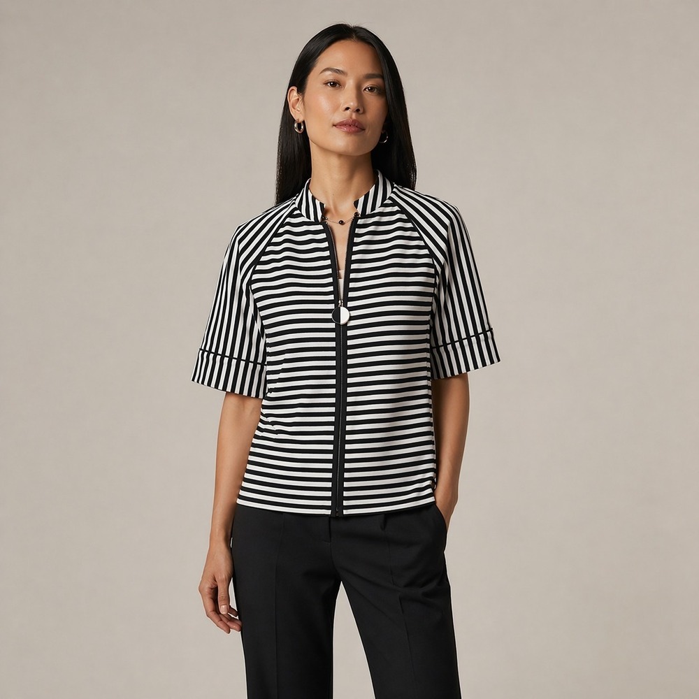 Lafayette 148 Jacket Small Petite Striped Short Sleeve Minimalist‎ Quiet Luxury